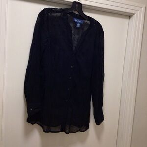 Womens Evan-Picone Button Up Embroidered Sheer Long Sleeve